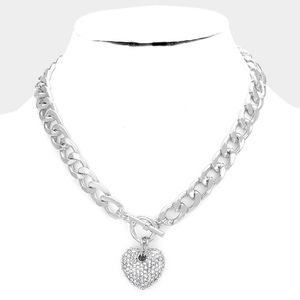 Heart Silver Pendant Necklace Chain Link Cute Rhinestone Crystal Charm Toggle
